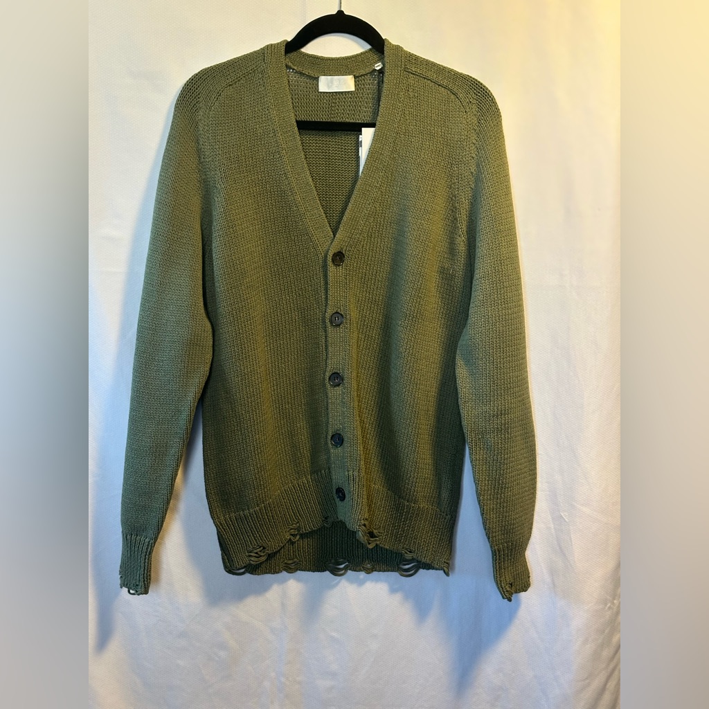 Menâs 7 For All Mankind Distressed Hem Knit Cardigan Olive Green Button Sz L Nwt